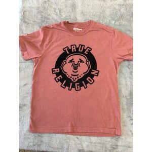 True Religion Men's Short Sleeve T-Shirt Large Red Buddha Face 100% Cotton